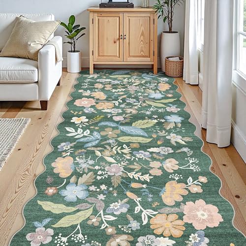 4x10 Washable Runner Rug for Hallway: Scalloped Floral Kitchen Rugs Green