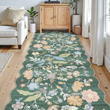 4x10 Washable Runner Rug for Hallway: Scalloped Floral Kitchen Rugs Green