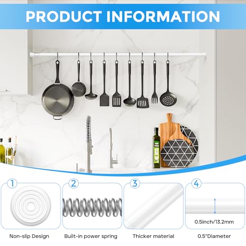 Tension Rod 28 to 48 inch, Adjustable Curtain Rods No Drilling Spring Rods Extendable Pressure DIY Tension Rod for Window Closet Kitchen, White