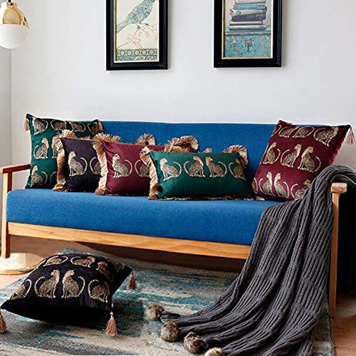 Lumbar Decorative Throw Pillow Cover with Tassels Leopard Pattern Cushion Cover Luxury Style Soft Velvet Pillowcase for Sofa Couch Bedroom (18"x18",Wine Red)