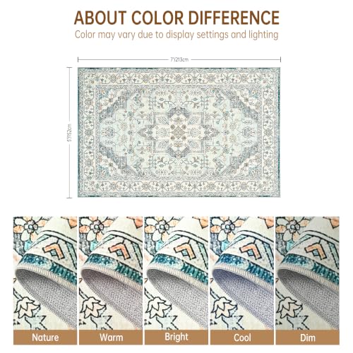 5x7 Area Rugs for Living Room, Washable Rug Vintage Floral, Blue