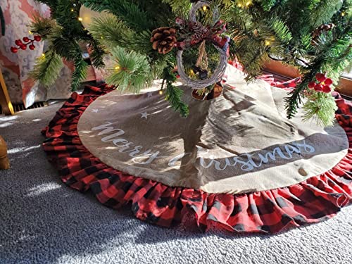 48 Inch Christmas Tree Skirt Linen Burlap Buffalo Plaid Edge Decoration for Merry Christmas Party Red and Black Buffalo Christmas Tree Skirt Decorations