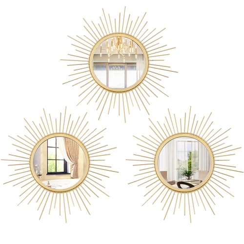 3 Set Sunburst Mirrors for Wall Decor Living Room Bedroom Bathroom Dining Room Metal Boho Sunburst Wall Mirror Set Gold Metal Vintage Circle Art Pack - Gold 11.8 in