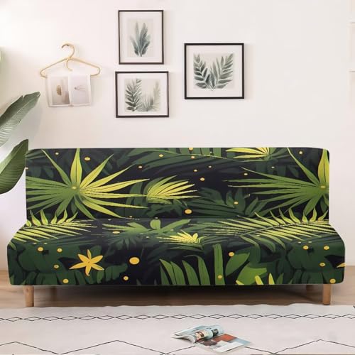 Coastal Armless Futon Cover with Elastic Bottom Tropical Palm Leaves Couch Cover for Futon Washable Sofa Bed Slipcovers Rectangle with Elastic Band Furniture Protector for Home