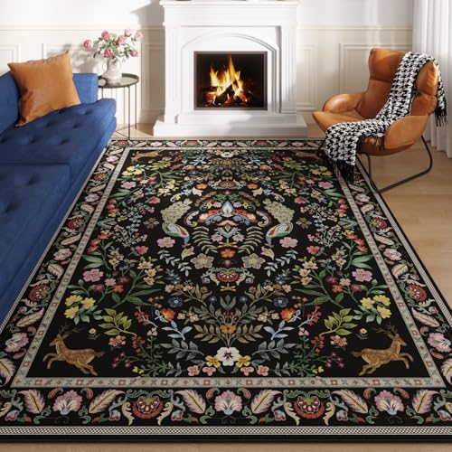 Rugcomf Area Rug 5x7 for Living Room Floral Washable, Vibrant Black