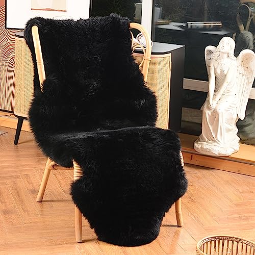 LLB Genuine Sheepskin Area Rug Wool Rug Fur Carpet Fluffy Shaggy Fur Rug for Living Room Kids Bedroom Real Sheepskin Throw Lambskin Rugs Sofa Mat Chair Seat Covers (Black, 2 x 6 ft Sheepskin)