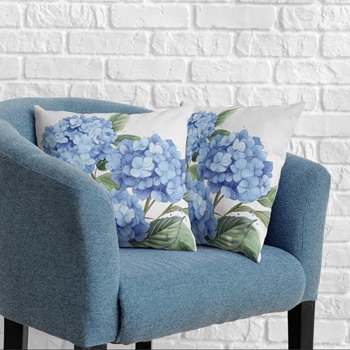 Blue Hydrangea Pillow Covers 18x18 Set of 2 Spring Summer Decorative Pillow Covers Flower Throw Pillow Case Square Cotton Linen Cushion Case for Outdoor Living Room Couch Sofa