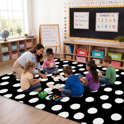 Nuanchu Large Polka Dot Classroom Rug 6.5 x 12.1 ft Black and White Classroom Carpet with Rubber Backing Non-Slip First Day of School Rugs for Playroom Nursery Preschool