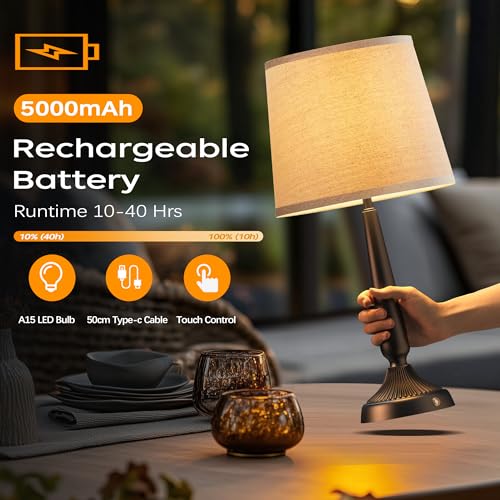 Cordless Table Lamp, 5000mAh Battery Rechargeable Touch Lamp, 3-Level Brightness Bedside Lamps, Modern Black Iron Design, Desk Lamp for Patio Camping, Dining, Home