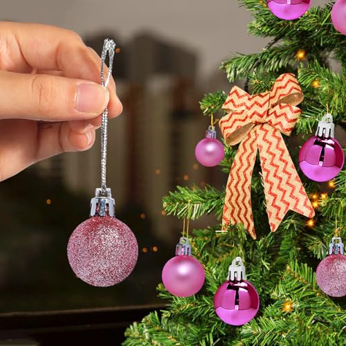 24pcs Mini Pink Shatterproof Christmas Ball Ornaments, 1.18 Inch Plastic Christmas Tree Decorations, Shiny Matte Glitter Ornaments for Pastel Tree Wreath Garland Holiday Party Decor