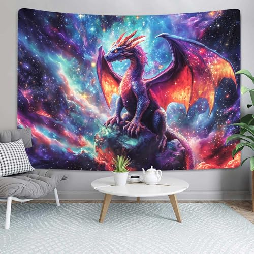 Purple Dragon Tapestry, Gothic Medieval Fantasy Animals Cool Dragon Tapestry for Bedroom Aesthetic, Nebula Starry Sky Tapestry Wall Hanging, Men Boys Poster Blanket College Dorm Home Decor, 40X30in
