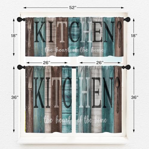 Teal and Brown Kitchen Window Curtains Valance and Tier Set 36 Inch, Rustic Farmhouse Turquoise Rod Pocket Short Tier Curtain for Bathroom, Wooden Home Small Cafe Drapes for Kitchen Decor