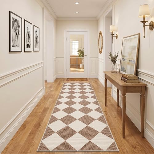 GarveeHome Checkered Hallway Runner Rug 2.5x8 Brown Kitchen Rug Non Slip