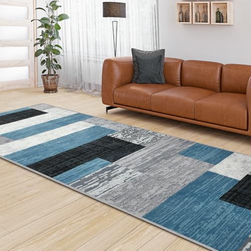 Indoor Washable Runner Rug with Rubber Backing, Modern Geometric Patchwork