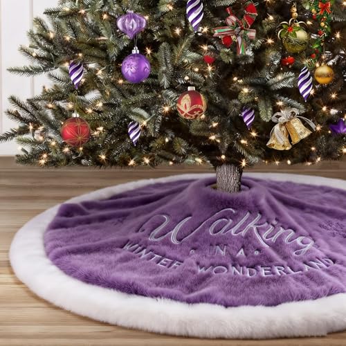 yuboo Purple Lavender Tree Skirt, 36" Faux Fur Christmas Tree Skirt with Embroidered Snowflakes for Purple Christmas Candy Violet Decorations Decor Ornament