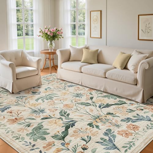 8x10 Area Rugs Washable Rug: Large Boho Living Room Rug Soft Non-Slip Low Pile Carpet Indoor Floor Non-Shedding Neutral Floral Carpets for Bedroom Dining Room Farmhouse Nursery Beige