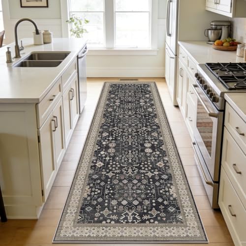 2'6 x 10' Runners Rug for Kitchen Washable (Charcoal Blush Ivory)