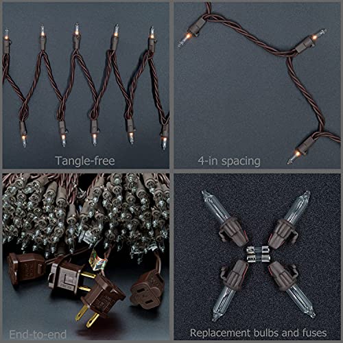 YULETIME 200 Clear Christmas String Lights, 2-Set 33 ft 100 ct Brown Wire | Incandescent Bulbs, End-to-End Connectable, UL Certified, 2-Strand, 200 Total Lights, 66' Total Length, 4" Spacing