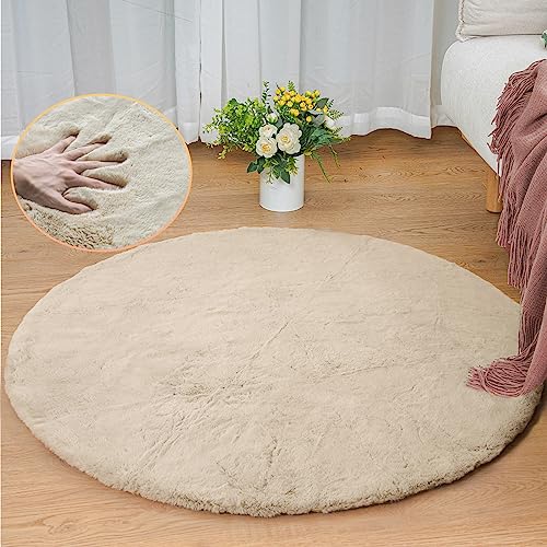ORINOVA Camel Plush Shag Faux Rabbit Washable Fuzzy Fur Rugs for Living Room Bedroom Kids Circle Small Nursery Area Rug Round Rug 3ft