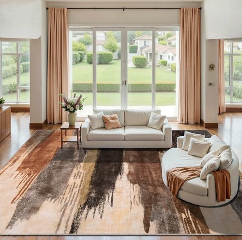 10x14 Area Rug Living Room Rug, Modern Abstract Washable Soft Brown