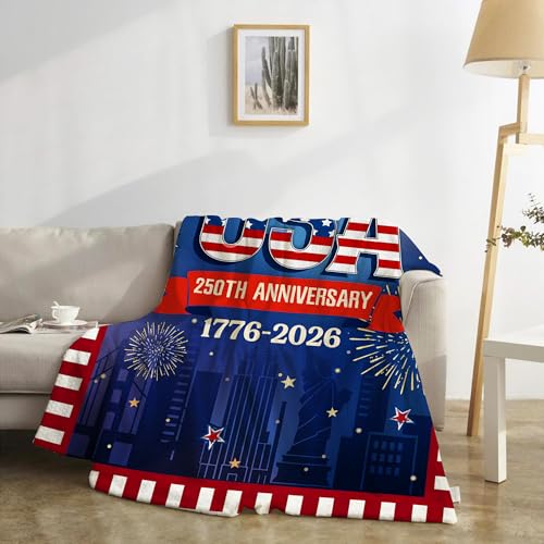 American 250th Birthday Decoration Throw Blanket, 250th Anniversary USA Birthday Blanket, Soft Flannel American 1776-2026 Blankets Gfit for Couch Bed National Holiday 60" x 50"