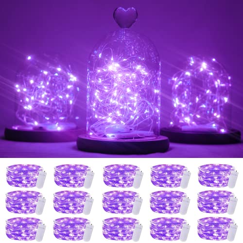 SmilingTown 15 Packs 20 Led Purple Fairy Lights Battery Operated 6.6ft Silver String Lights Waterproof Firefly Starry Light for DIY Table Centerpieces Wedding Halloween Christmas Party Decor