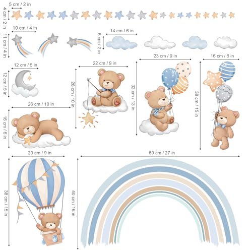 decalmile Rainbow Animal Wall Decals Hot Air Balloon Animals Bear Clouds Wall Stickers Baby Nursery Kids Bedroom Living Room Wall Decor