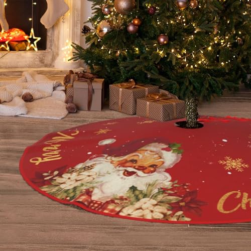 Christmas Tree Skirt Red and Gold Christmas Decorations - Xmas Tree Skirt Mat with Santa Claus Snowflake Pattern for Indoor Outdoor Merry Christmas Holiday Party Decor 48 Inches