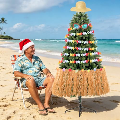 Summer Hawaiian Tree Ornaments Decorations Christmas in July Straw Hat Tree Topper Tropical Garland Sunglasses for Luau Hawaiian Beach Party Supplies