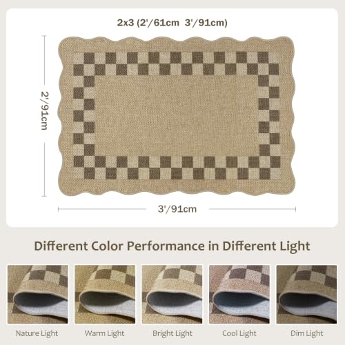LIVEBOX Scalloped Easy Jute 2x3 Kitchen Rugs, Checkered Indoor Outdoor Rug Doormat, Front Door Mat Entryway Rug Washable Non Slip, Small Outdoor Mats Neutral Carpet for Porch Bathroom Doorway Entrance