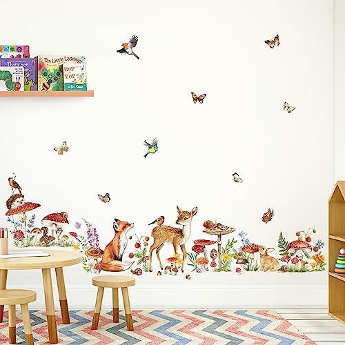 wondever Woodland Animal Wall Stickers Mushroom Deer Fox Peel and Stick Wall Decals for Kids Bedroom Baby Nursery