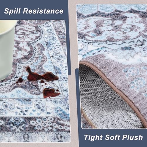Washable Vintage Area Rug for Living Room, 5x7 Rugs Blue & Brown