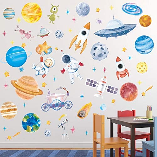 Zonon 6 Sheets Outer Space Astronaut Wall Stickers Space Planets Decal Solar System Decals Galaxy Astronaut Rocket Alien Wall Mural for Boys Kids Classroom Nursery Bedroom Home Decoration