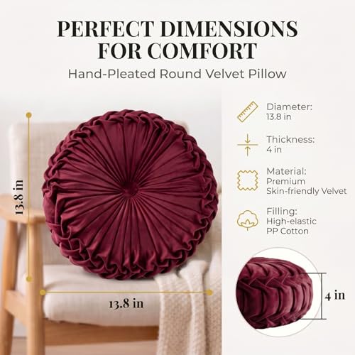 HLOVME Round Velvet Pillow for Couch Small Handmade Decorative Throw Pillow for Bed Bedroom 13.7” Dark Red