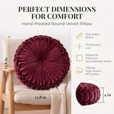 HLOVME Round Velvet Pillow for Couch Small Handmade Decorative Throw Pillow for Bed Bedroom 13.7” Dark Red