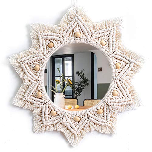 TENEWEE Boho Wall Decor Mirror Macrame Circle Hanging Mirror for Bedroom Living Room Apartment Entryway Home Decor