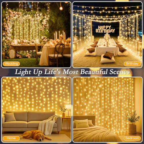200 LED Warm White Curtain String Lights 9.8x6.6FT, Plug in Fairy Lights with 9 Hooks, Dimmable, Timer & 8 Modes, IP44 Waterproof, Bedroom Wall Wedding Party Christmas Indoor Outdoor Decor