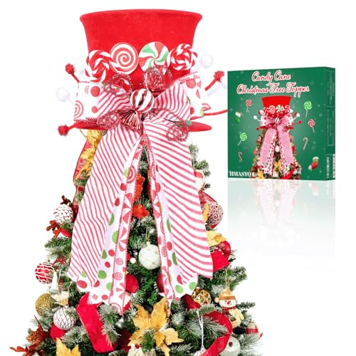 HMASYO Candy Cane Christmas Tree Topper, Velvet Red Tree Topper Hat with Candy Peppermint Bows Ribbon Ornament, Top Hat Christmas Tree Topper for Home Office Holiday Tree Decoration Xmas Gift