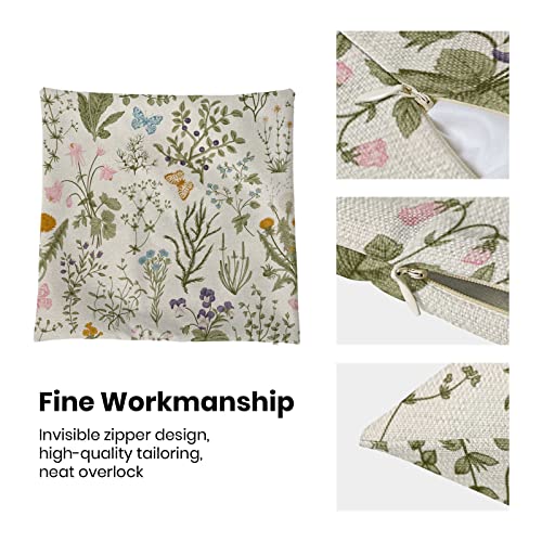 AEIOAE Spring Pillow Covers 18x18 Inch Set of 2,Sage Green Wild Flower Plant Throw Pillows Case,Seasonal Floral Outdoor Decorative Square Linen Farmhouse Decor Cushion Covers for Home Sofa Bed Couch