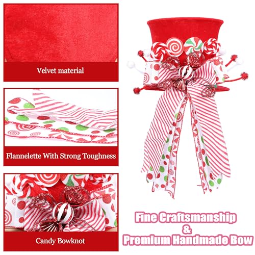 HMASYO Candy Cane Christmas Tree Topper, Velvet Red Tree Topper Hat with Candy Peppermint Bows Ribbon Ornament, Top Hat Christmas Tree Topper for Home Office Holiday Tree Decoration Xmas Gift