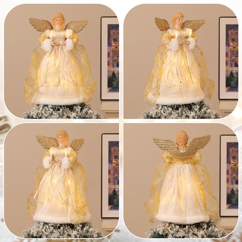 Lewondr Christmas Tree Topper Angel, 12'' Light Up Angel Tree Topper with Gold Wings and Candle Light, 8 Modes and 6 Hrs Timer USB and Remote Operated Christmas Decor for Holiday Home Decor, Apricot