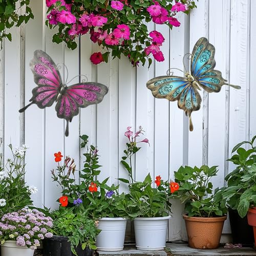 LIFFY Metal Butterfly Wall Decor,2Pack 12" Glass Butterfly Outdoor Wall Art Sculptures,Hanging Garden Decor Outside for Home,Yard,Fence,Patio