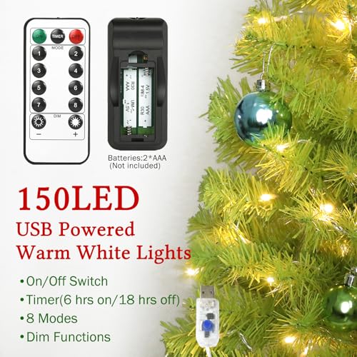 HMASYO 5ft Whimsical Artificial Christmas Tree with 150 LED Timer Lights, Lime Green Bendable Christmas Tree with Ball Ornaments & Metal Base Holiday Decor for Home, Office, Party, Easy Assembly