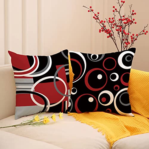 Red and Black Throw Pillow Covers 18x18 Set of 4,Grey Modern Abstract Pillowcases,Gray Geometric Circle Pattern Decor for Sofa Couch Living Room Bedroom Home Outdoor