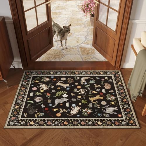 Rugcomf Small Area Rug 2x3 Door Mat Washable Floral Animal Cat, Black