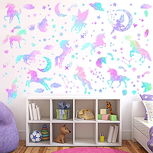 4 Sheets of Unicorn Peel and Stick Wall Decal Glitter Unicorn and Fairy Wall Stickers Cartoon Wall Decals Removable DIY for Bedroom Playroom Living Room Decor