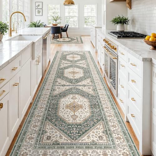 4x10 Washable Hallway Runner Rug - Non-Slip Wide Vintage Rugs Green Beige
