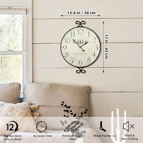 Farmhouse Wall Clock, 17H×13.4D Inch, Wrought Iron Frame with Warm Gray Finish, Vintage Wall Clock Silent Battery Operated Wall Clocks for Home Living Room Kitchen Bedroom