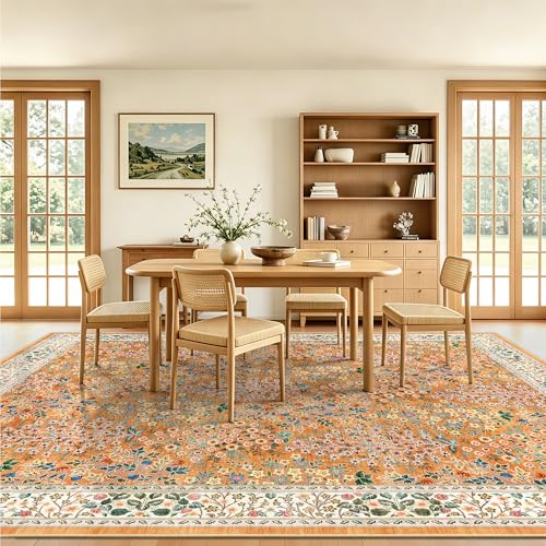 8x10 Area Rugs, Machine Washable Low Pile Floral Rugs for Living Room, Bedroom, Large Boho Area Rug with Non-Slip Backing for Dining Room(Orange Floral)