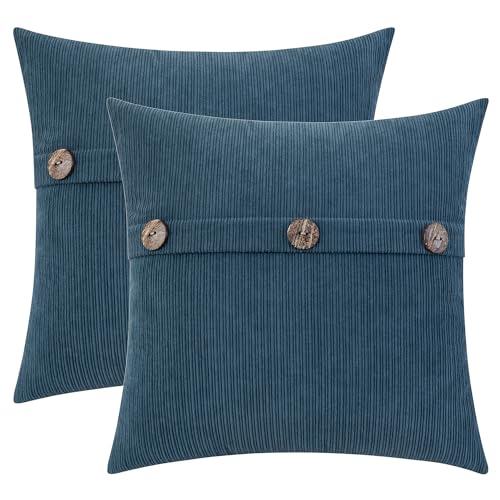 HWY 50 Blue Chenille Throw Pillow Covers 22x22 Inch Buttons Pack of 2